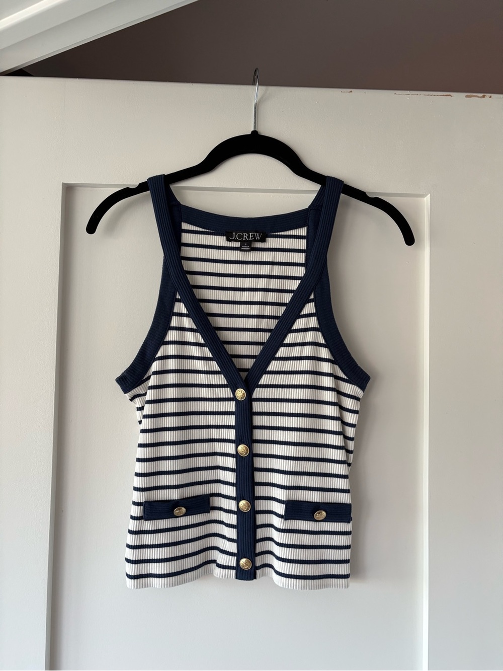 J. Crew Navy and White Striped Ribbed Button Tank